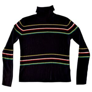Vintage Evan Picone Striped Knit Turtleneck, Black & Colorful, Size Medium